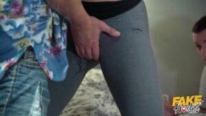 Yoga Pants Girlfriend Cums Hard in Hostel Threesome with Older Man